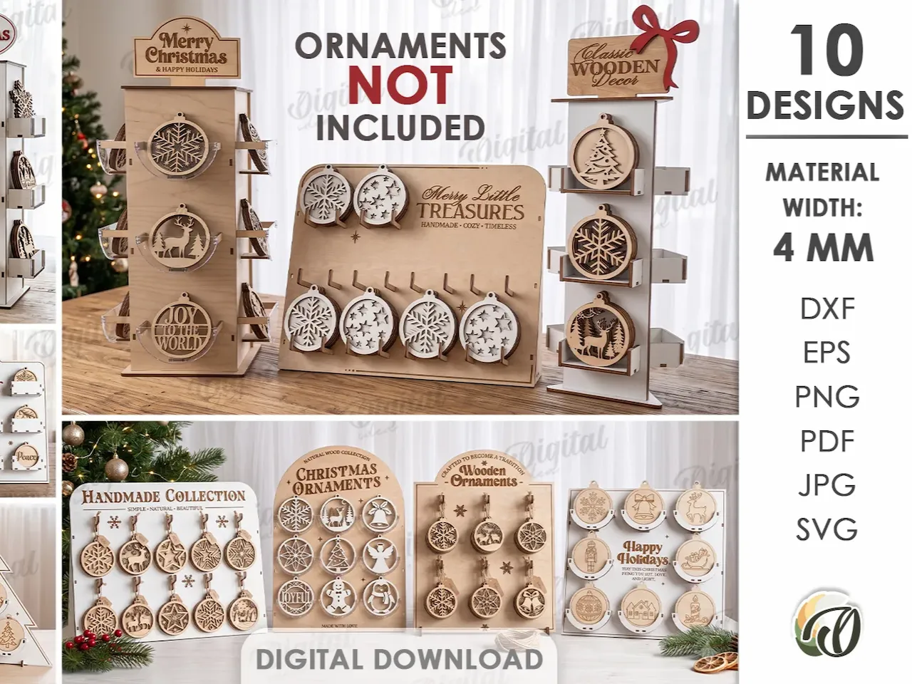[Laser cut and engrave] 3D Christmas Ornament Display Stands Bundle. Christmas Ornament Holder Rack Laser Cut Files. Wooden Ornament Display SVG. Holiday Decor