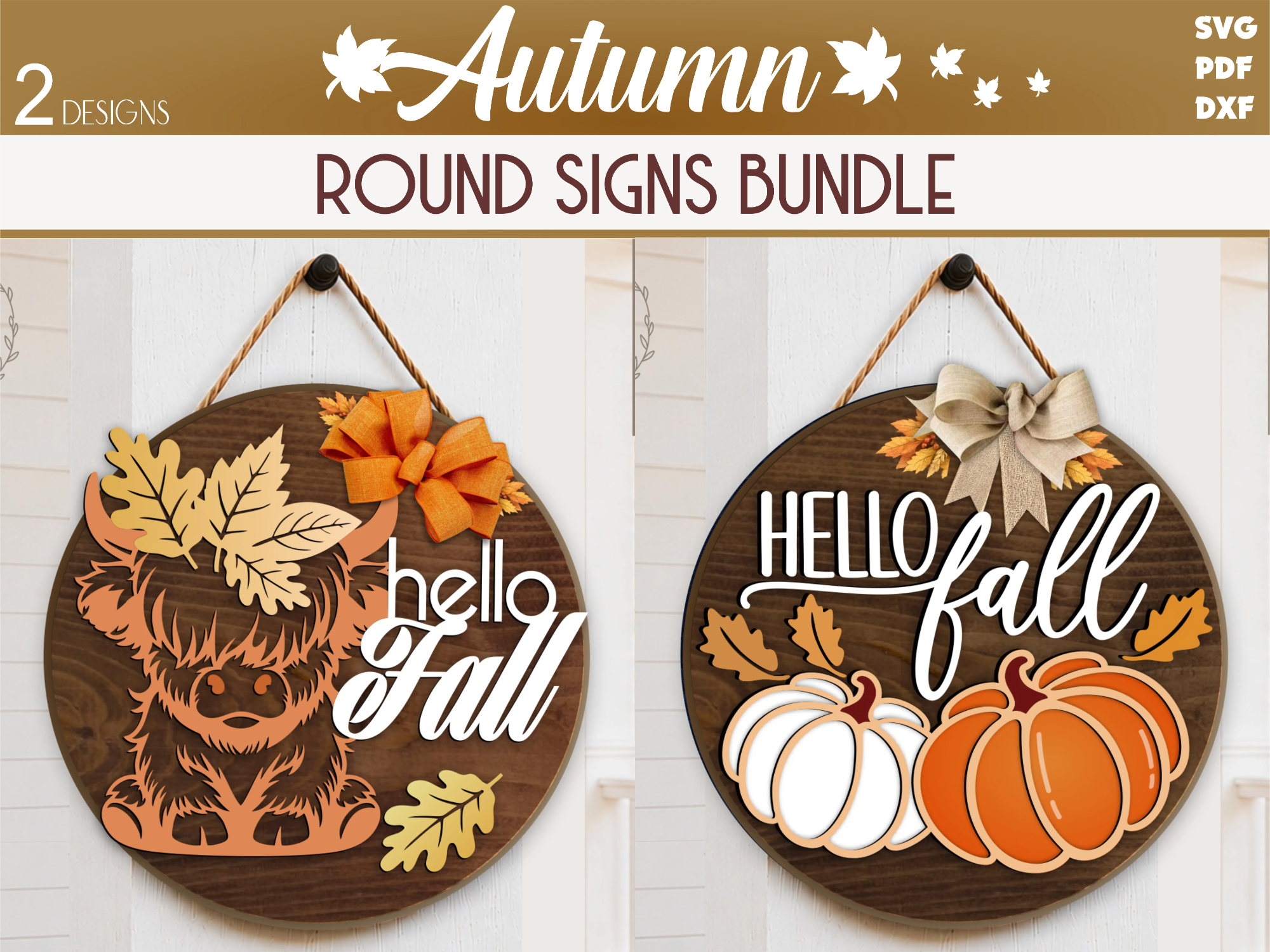 Hello Fall Door Hanger Bundle SVG, Fall Highland Cow Sign, Autumn Pumpkin Front Door Decor, Laser Cut File for Glowforge, Xtool, CNC