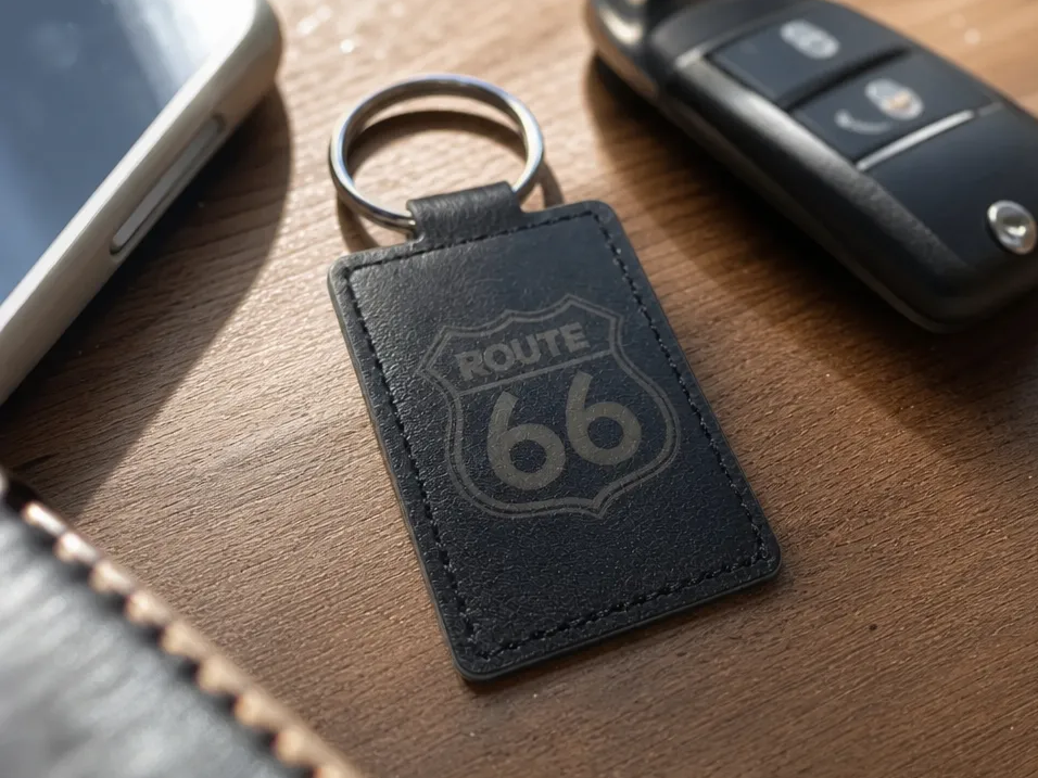 Route 66 Motiv auf schwarzem PU Leder Schlüsselanhänger