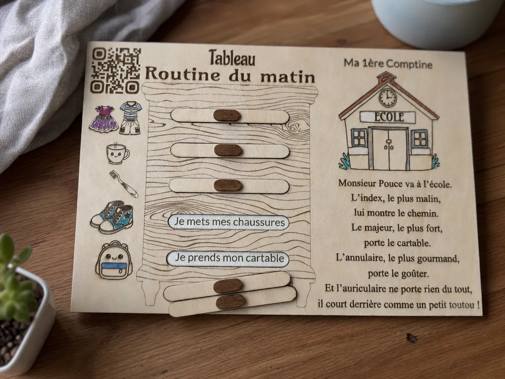 Tableau de routine du matin et soir pour enfant avec comptine et berceuse avec QR code éducative