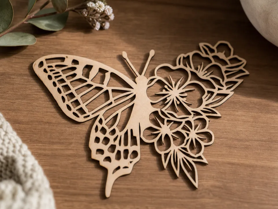 Papillon en bois avec motif floral ajouré