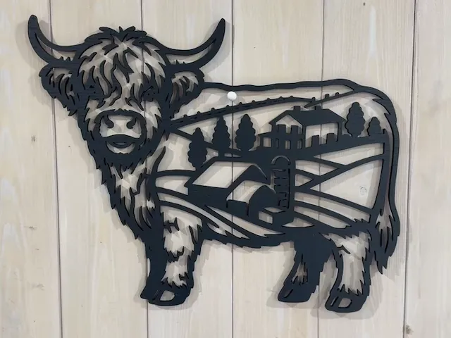 Highland Cow frame with family farm inside silhouette wall art