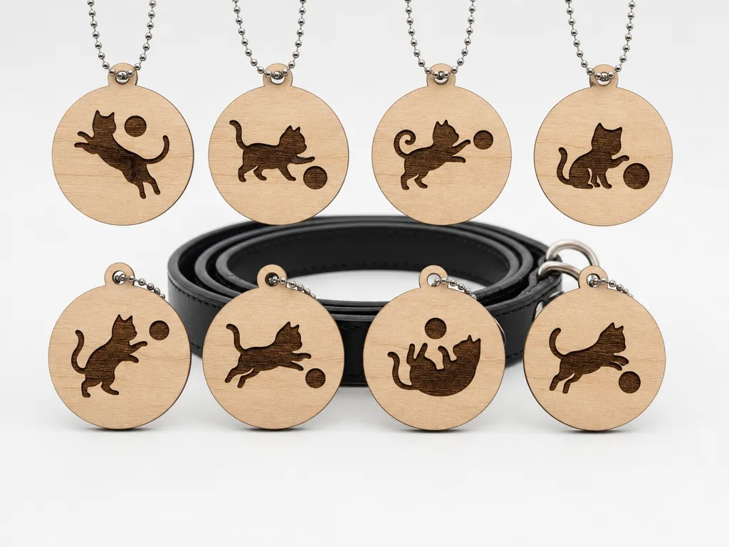 Round wooden cat pendant necklaces with playful kitten motifs