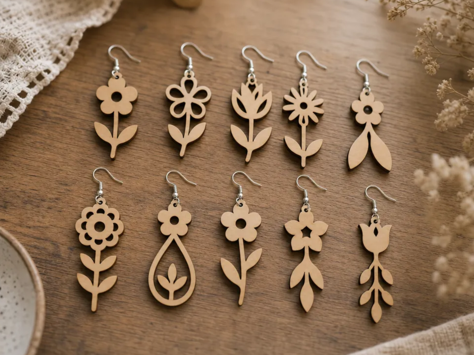 Set of Minimalist Wooden Flower Dangle Earrings