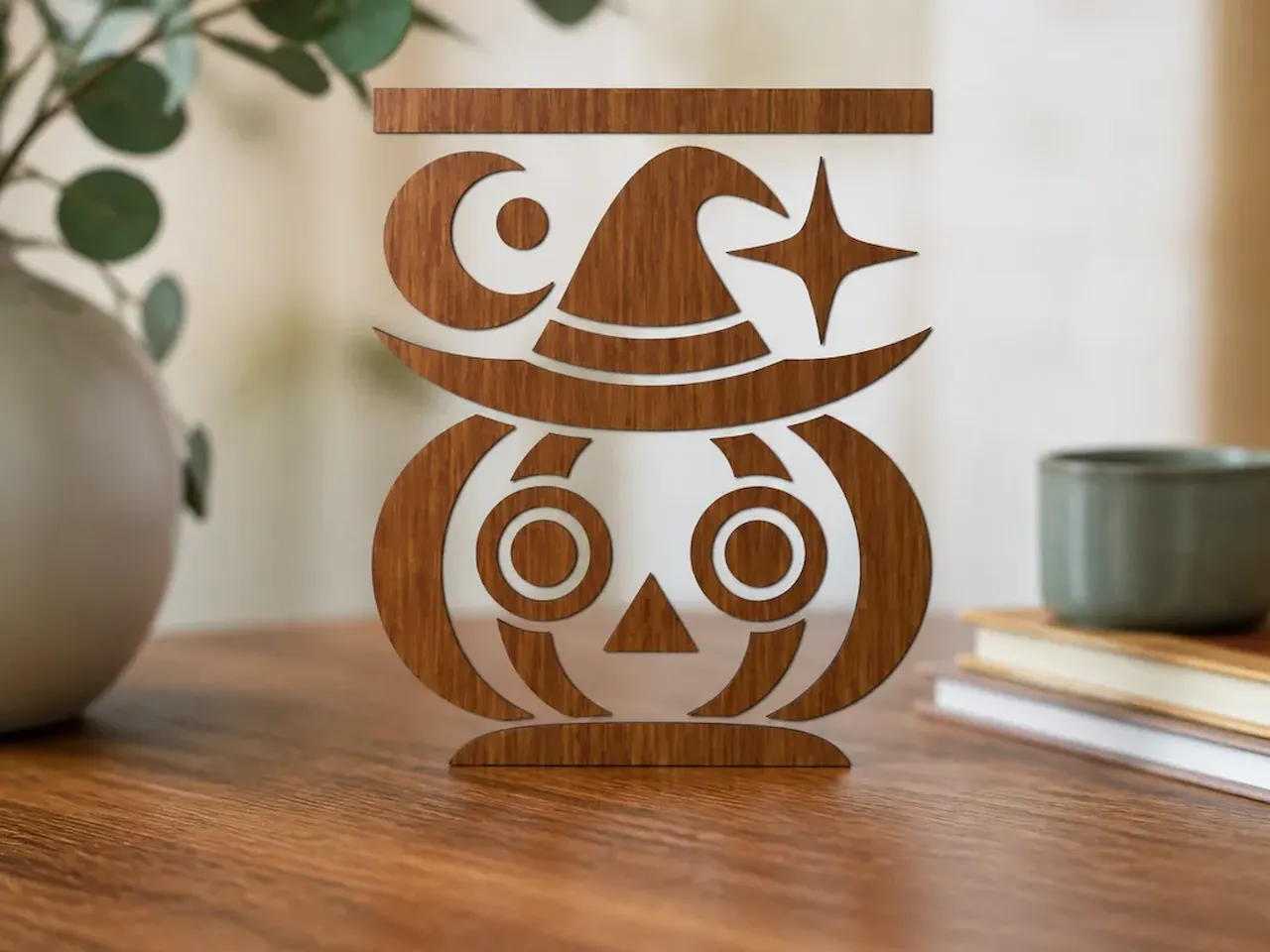 [Laser cut and engrave] Wooden Halloween Pumpkin with Witch Hat Tabletop Sign