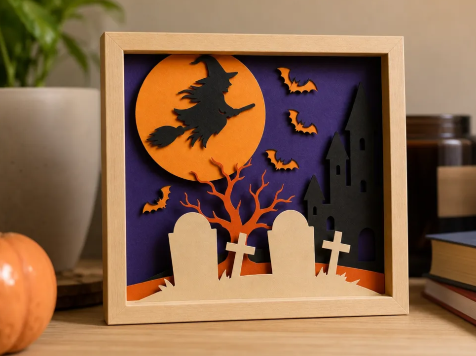 Halloween Witch and Haunted Castle Framed Shadow Box