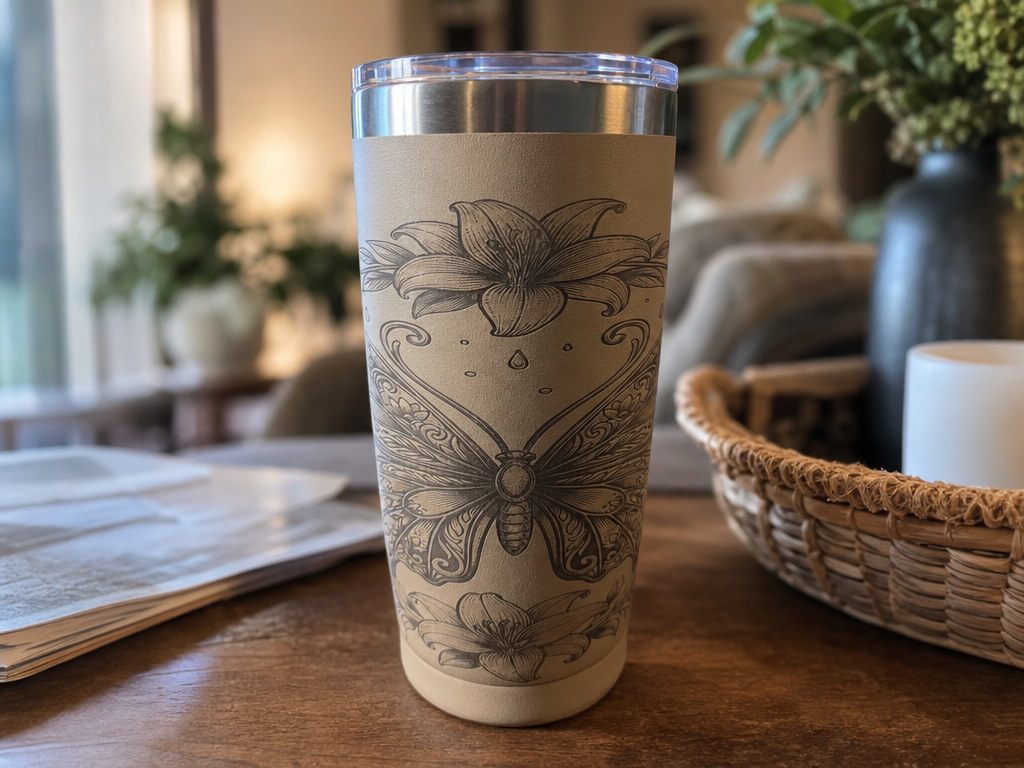 Vaso térmico de acero inoxidable con diseño de mariposa y flores