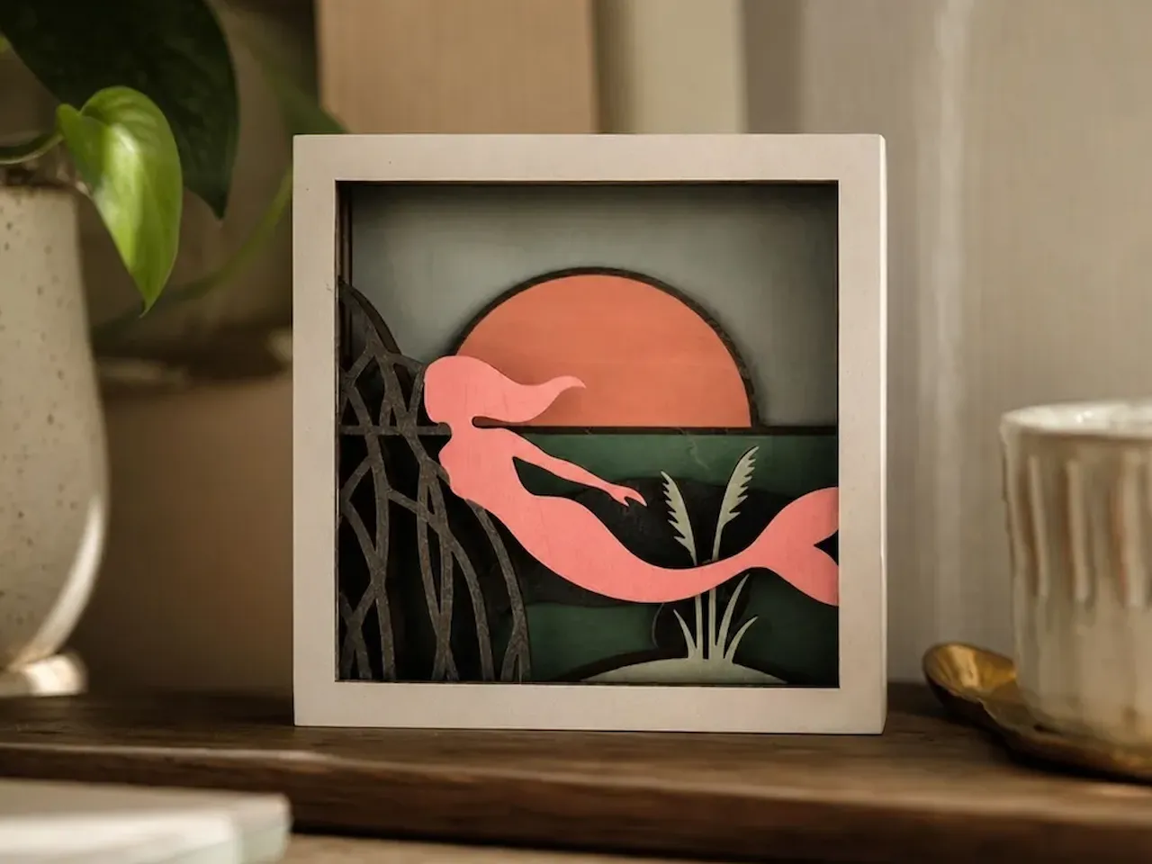 [Laser cut and engrave,Inkjet printing] Layered Mermaid Silhouette Shadow Box Art with Sunset Scene