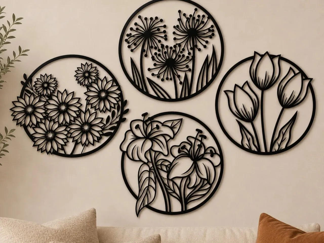 [Laser cut and engrave] Set of Four Circular Floral Wall Art Panels