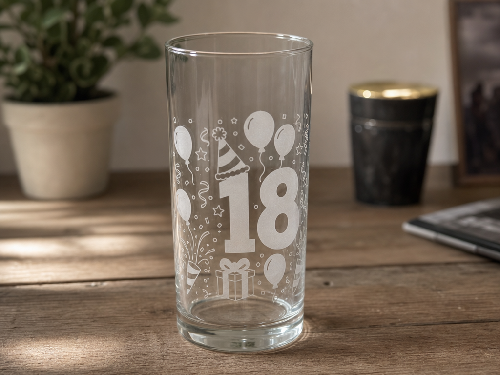 18th Birthday Celebration Highball Glass with Balloon and Party Hat Motif