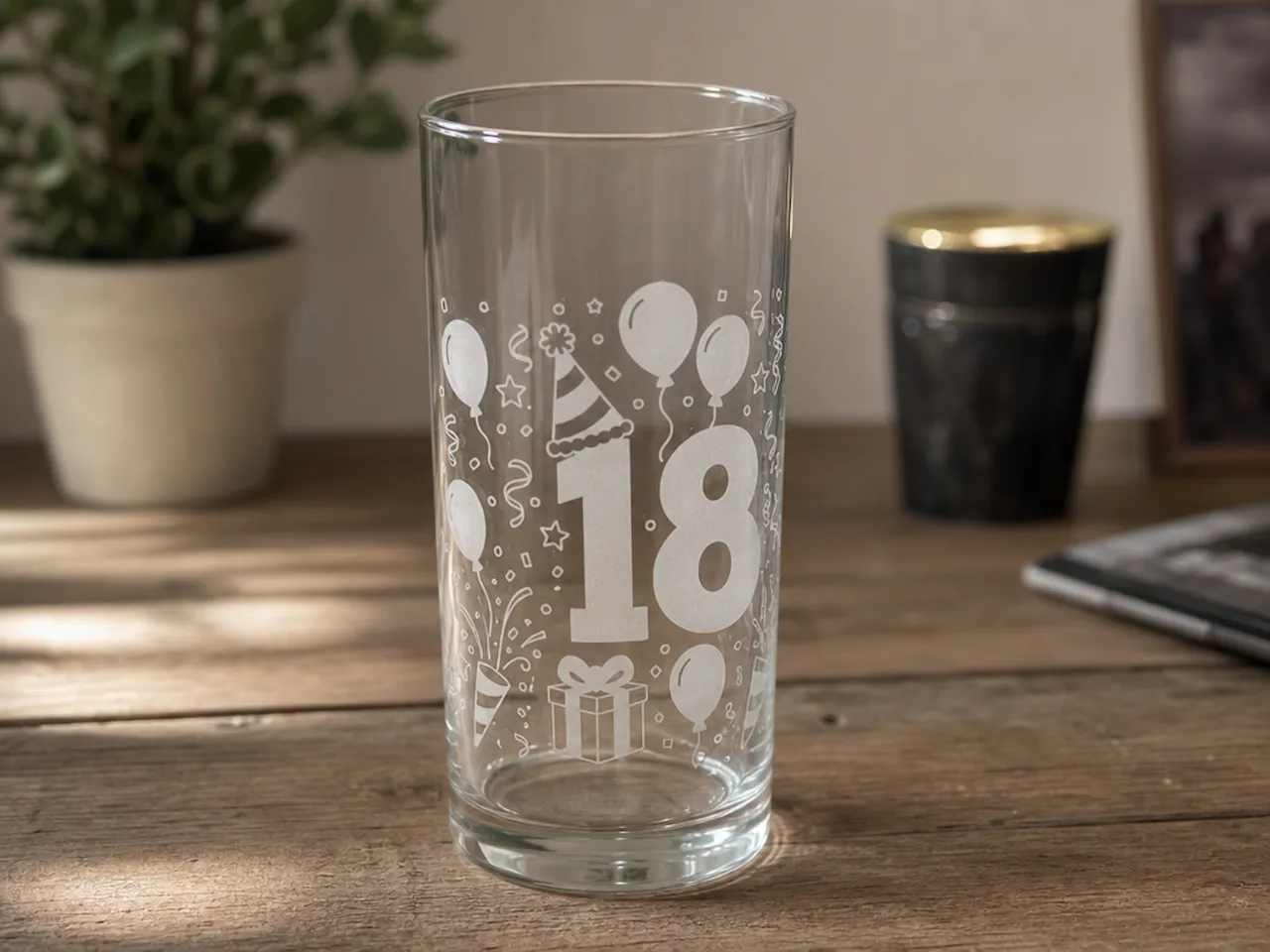 [Laser cut and engrave] 18th Birthday Celebration Highball Glass with Balloon and Party Hat Motif