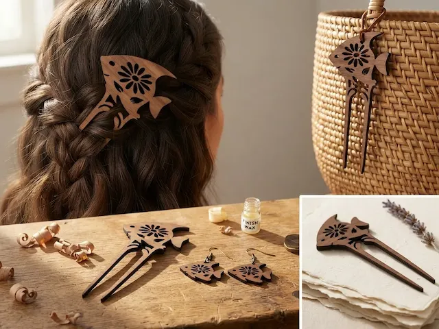 Fish Shaped Wooden Hair Fork and Matching Earrings Set