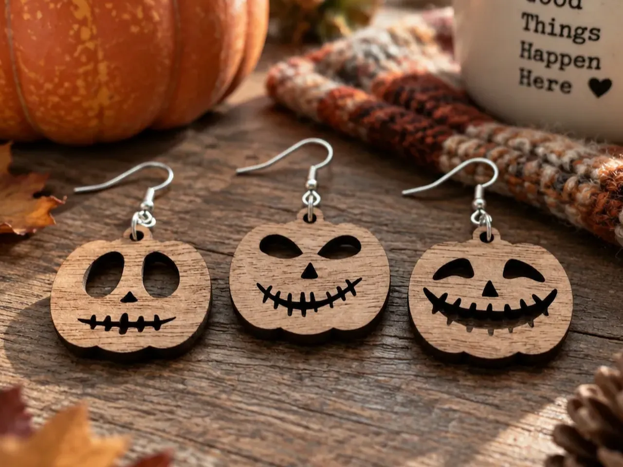 [Laser cut and engrave,Screen printing] Wooden Jack-o'-lantern Halloween Earrings