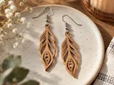 [Laser cut and engrave] Boho Feather Shape Wooden Dangle Earrings