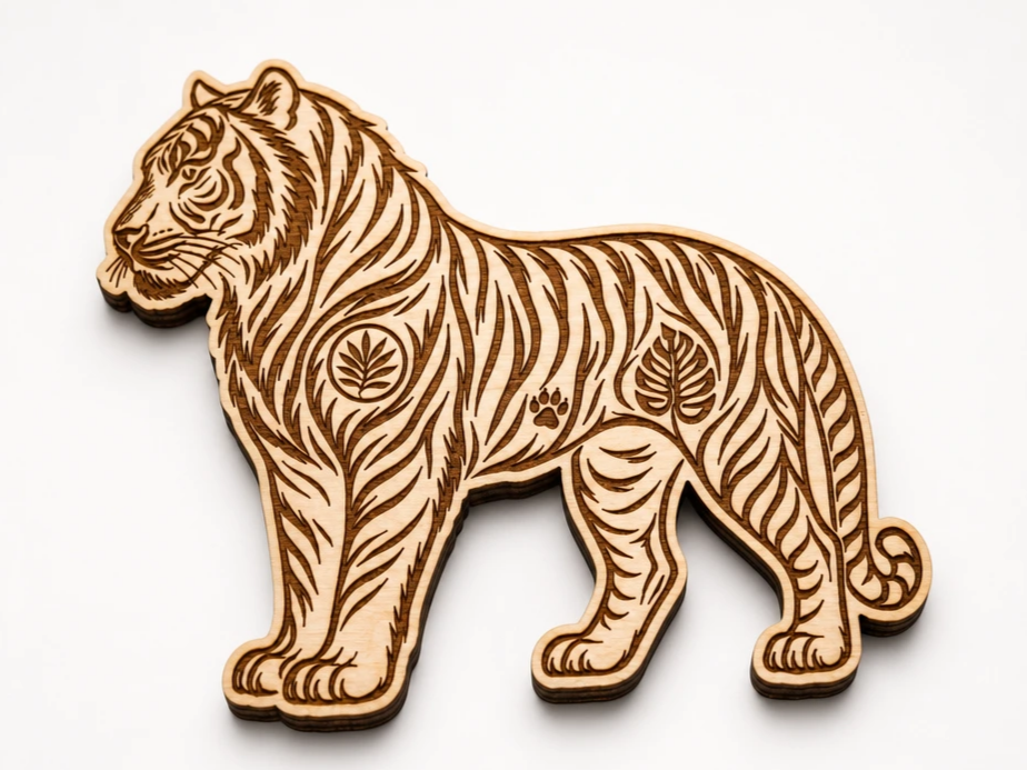 Tiger Shaped Wooden Wall Art with Botanical Pattern