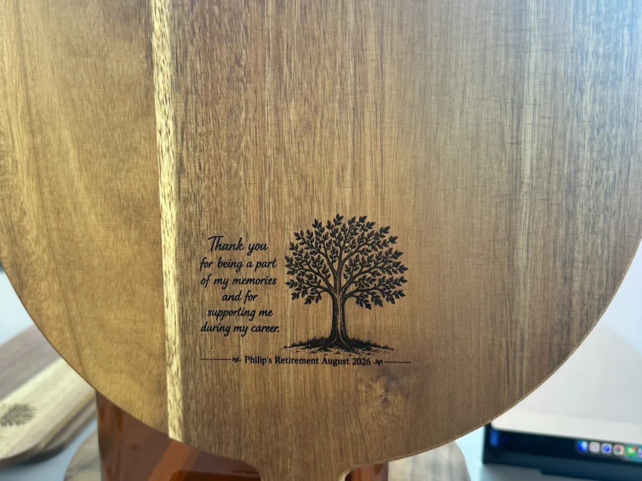 [Laser cut and engrave] Wooden Serving Board with Retirement Tree Message
