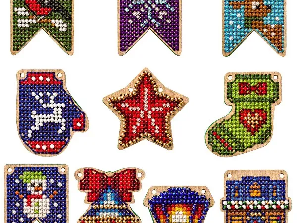 Assorted Christmas Cross Stitch Wooden Ornaments