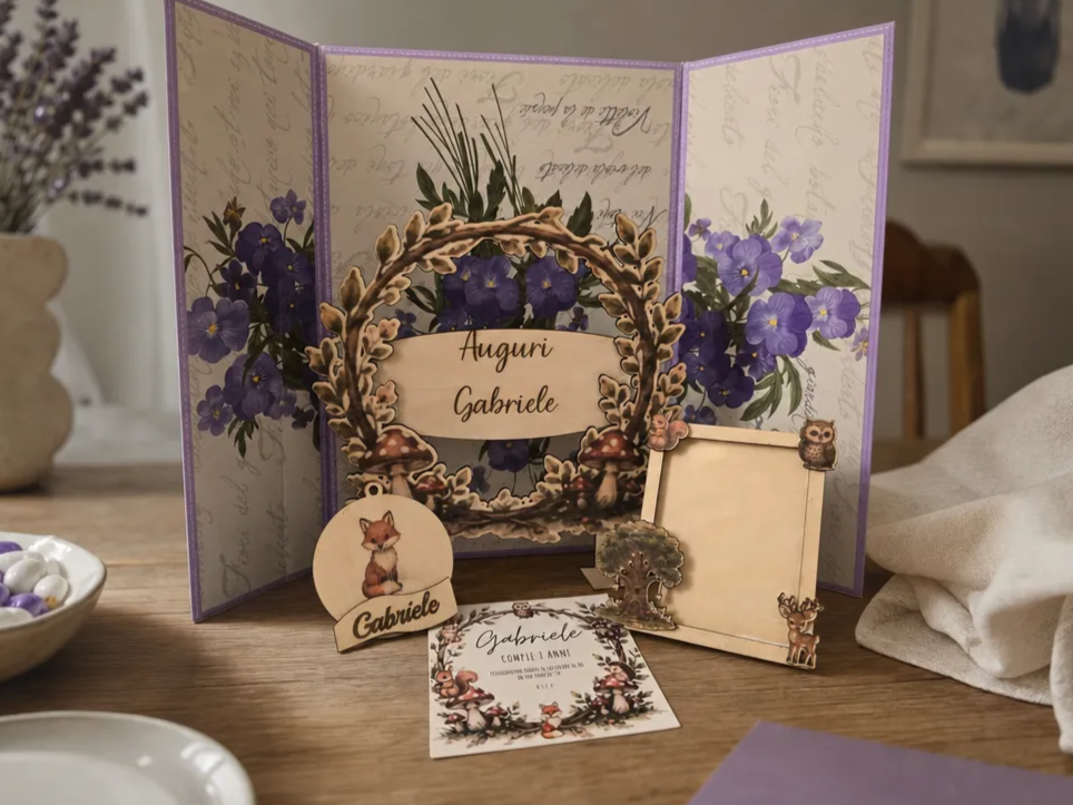 Set di inviti e decorazioni personalizzate per compleanno a tema bosco incantato