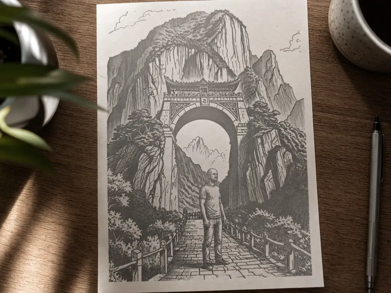 [Laser cut and engrave] Pencil Sketch of a Man Standing Before a Mountain Archway