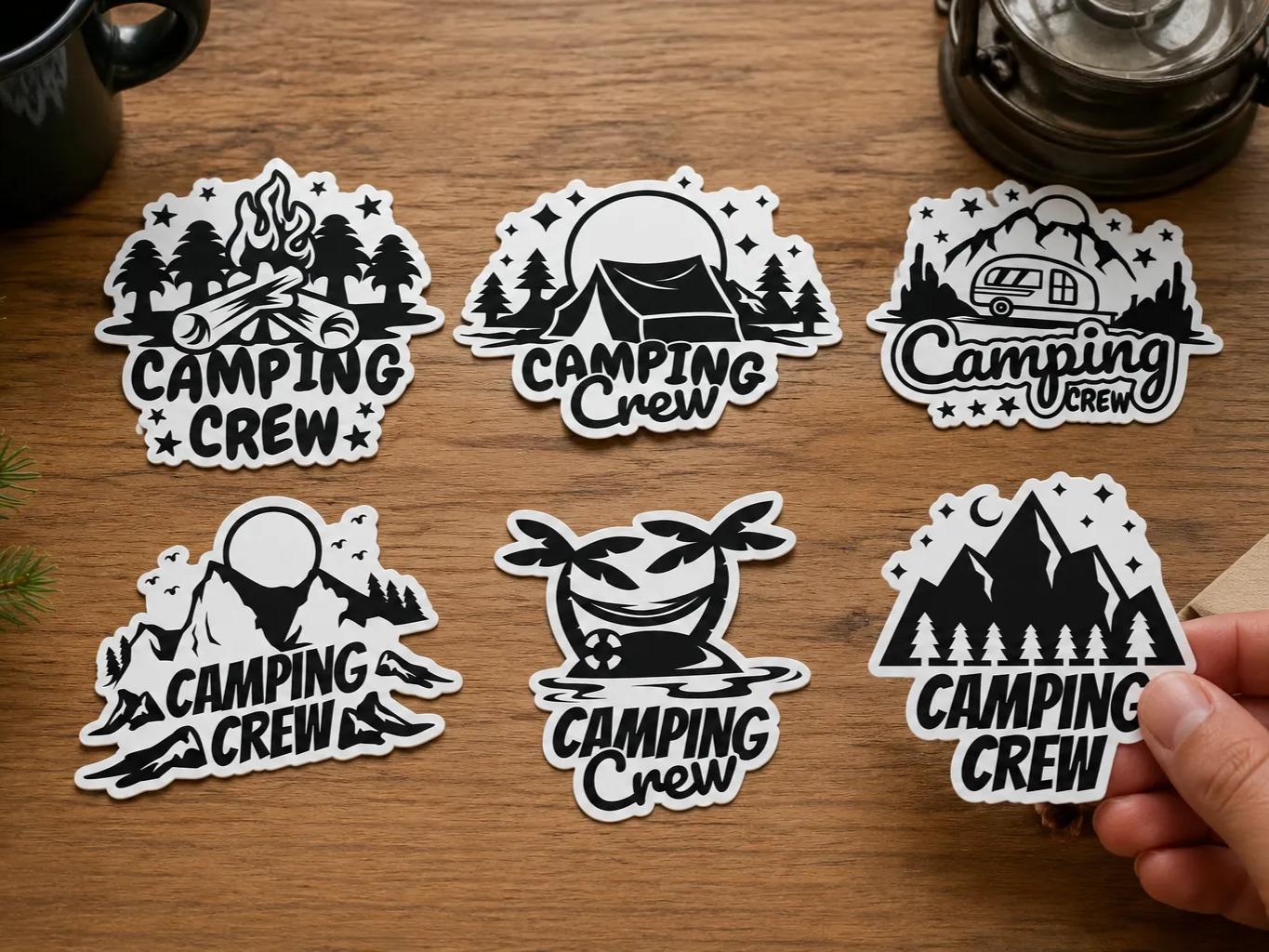 Set of 6 Camping Crew Adventure Themed Vinyl Stickers Bundle