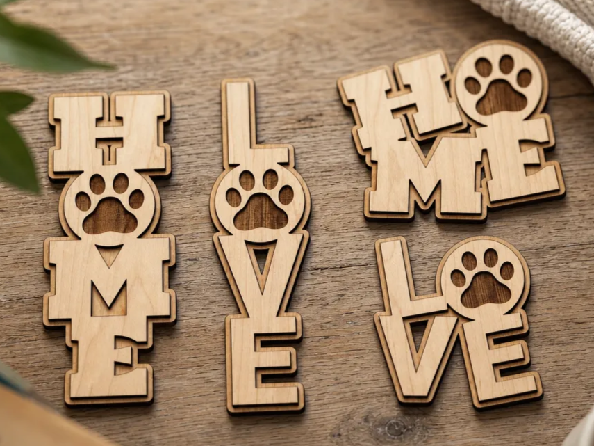 Home and Love Wooden Cutouts with Paw Print Accents