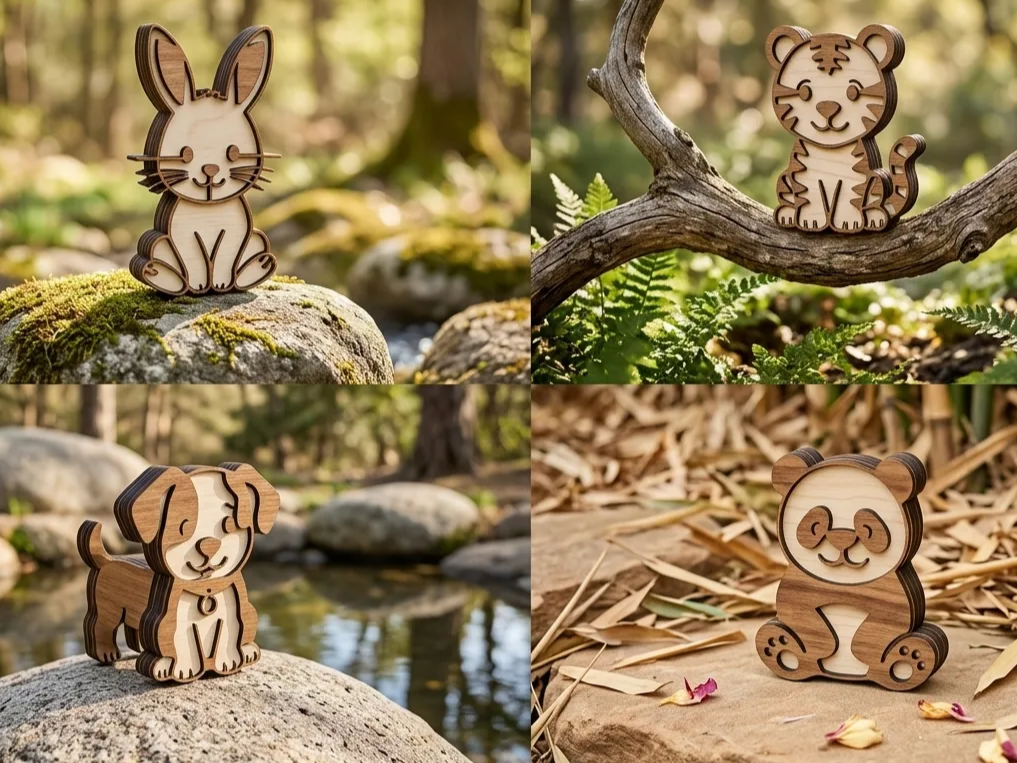 Layered Wooden Animal Figurines Featuring Rabbit, Tiger, Dog, and Panda