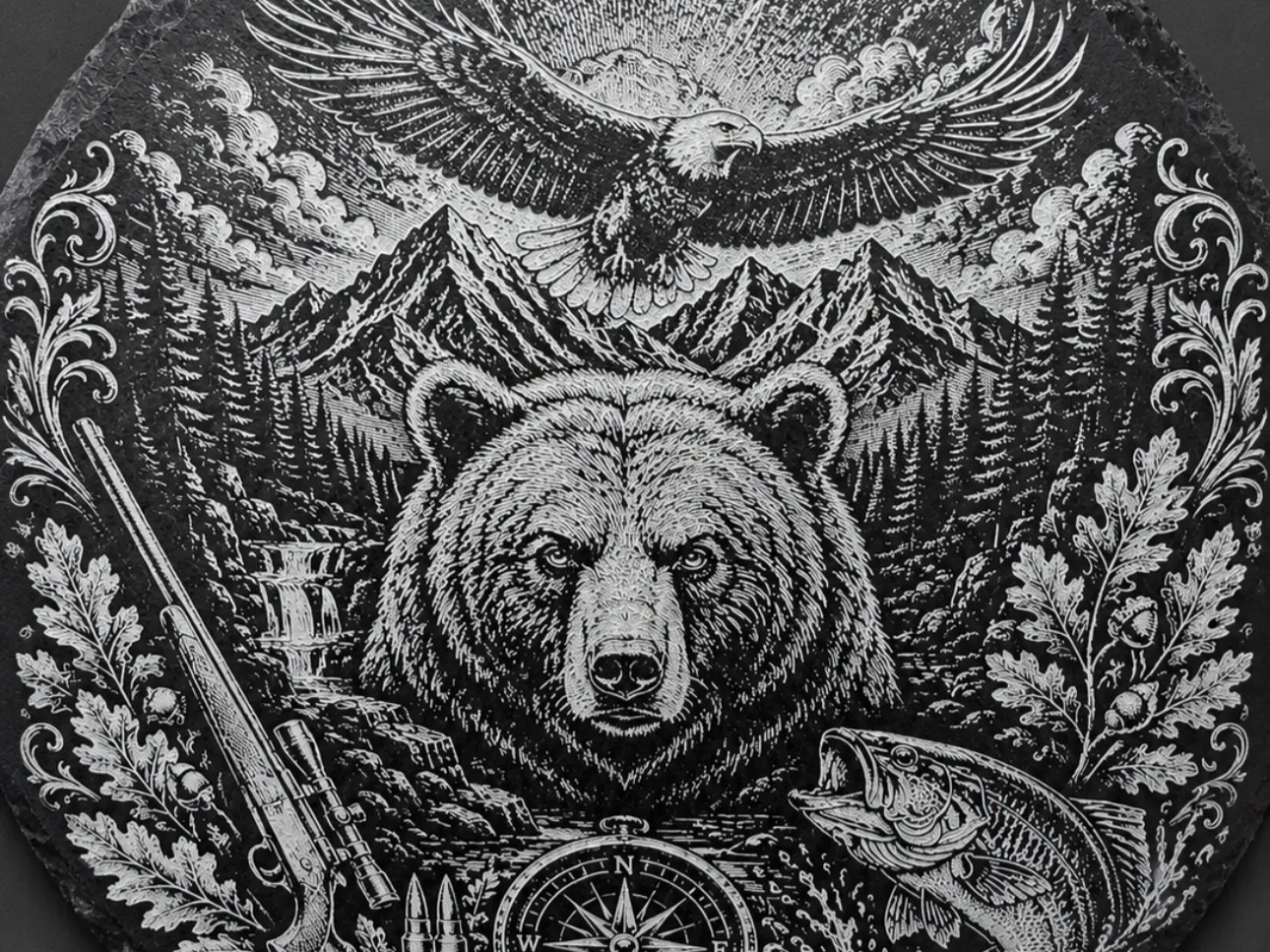 Black Slate Plaque Featuring Bear Eagle and Mountain Wilderness Scene