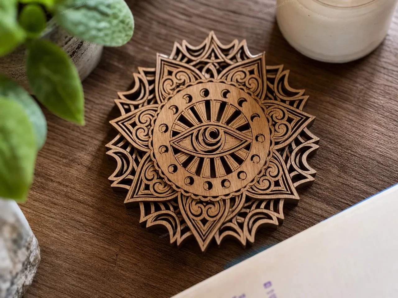 [Laser cut and engrave] Mandala Coaster with All-Seeing Eye and Moon Phase Motif
