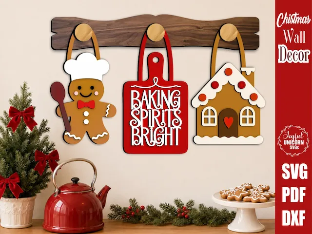 Interchangeable Christmas Wall Decor SVG, Baking Spirits Bright Wall Peg Hanging Set, Gingerbread House Cookie, Laser Cut File for Glowforge