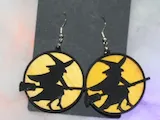 [Laser cut and engrave] Witch on Broomstick Halloween Earrings with Yellow Moon Background