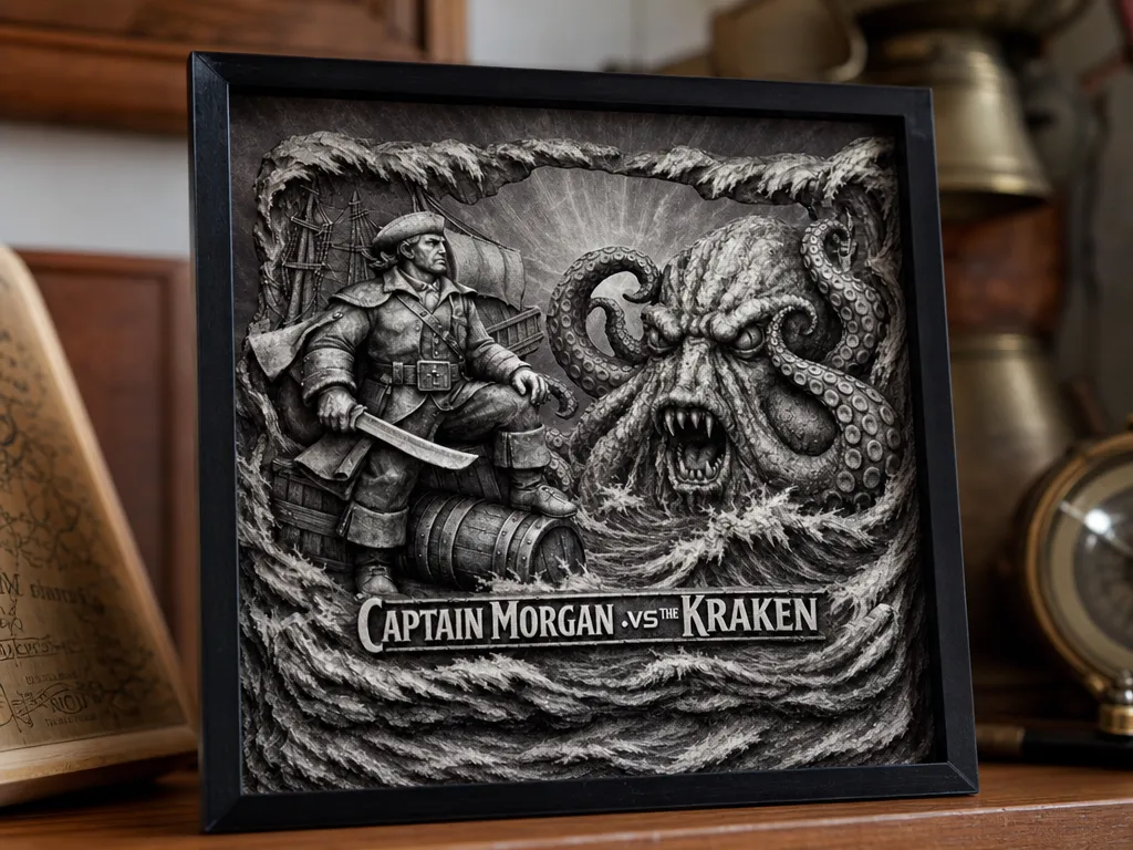 Captain Morgan vs The Kraken Framed Nautical Relief Wall Art