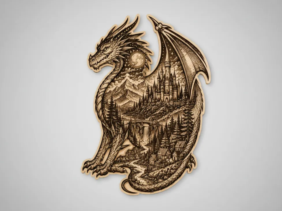 Décoration murale en bois représentant un dragon avec un château et un paysage fantastique