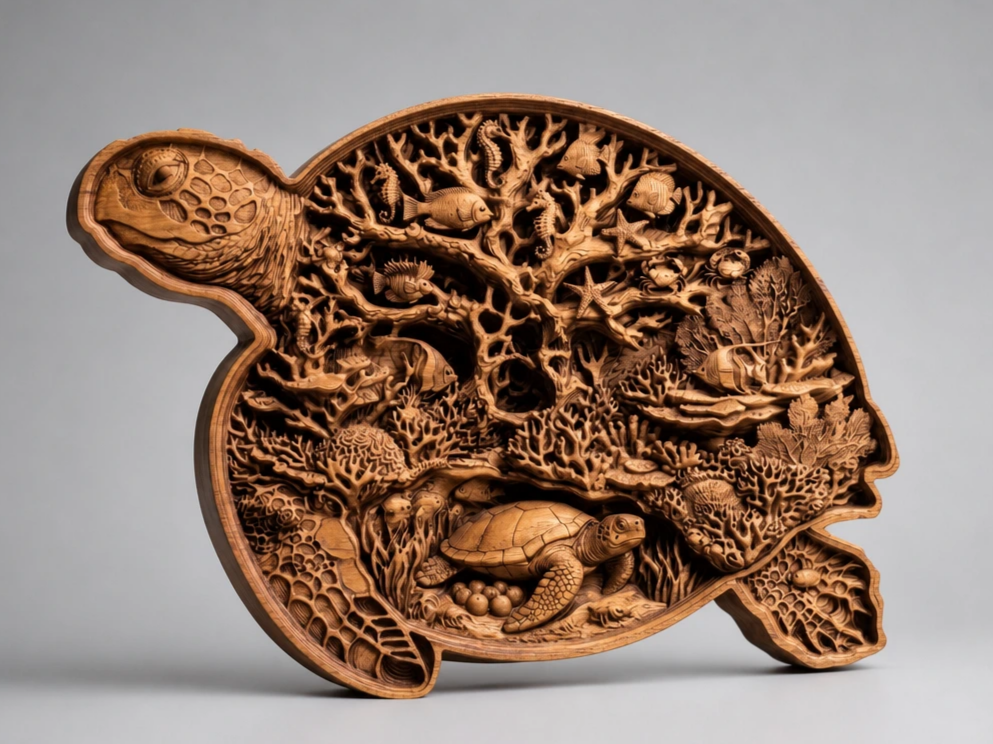 Intricate Sea Turtle Wall Art with Coral Reef and Marine Life Scene - tortoise - turtle