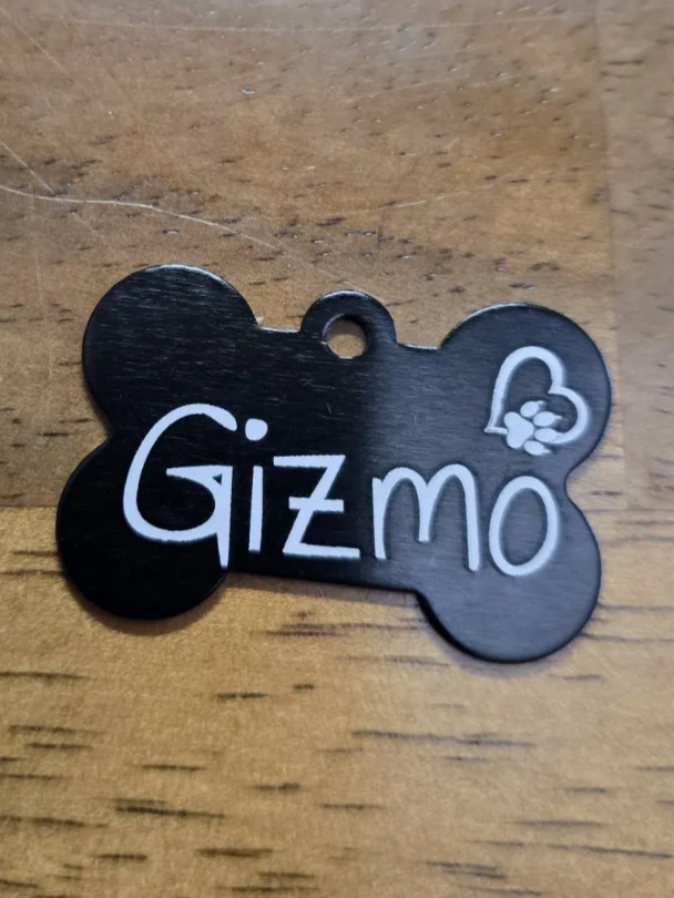 [Laser cut and engrave] Black Bone Shaped Pet ID Tag with Gizmo Name and Paw Print Heart