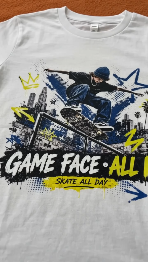 [DTF Printing,Heat Press,Laser cut and engrave,Inkjet printing] White T-Shirt with Game Face All In Skateboarding Graphic