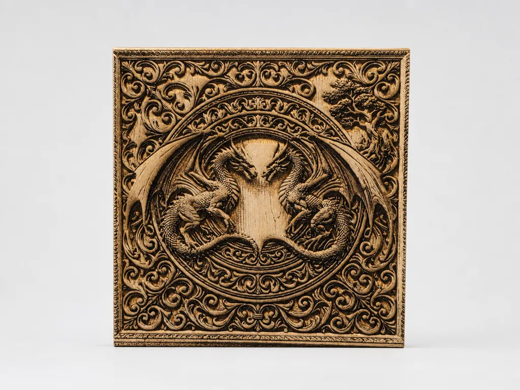 Square Wooden Wall Plaque Featuring Intricate Dragon Motif and Filigree Border