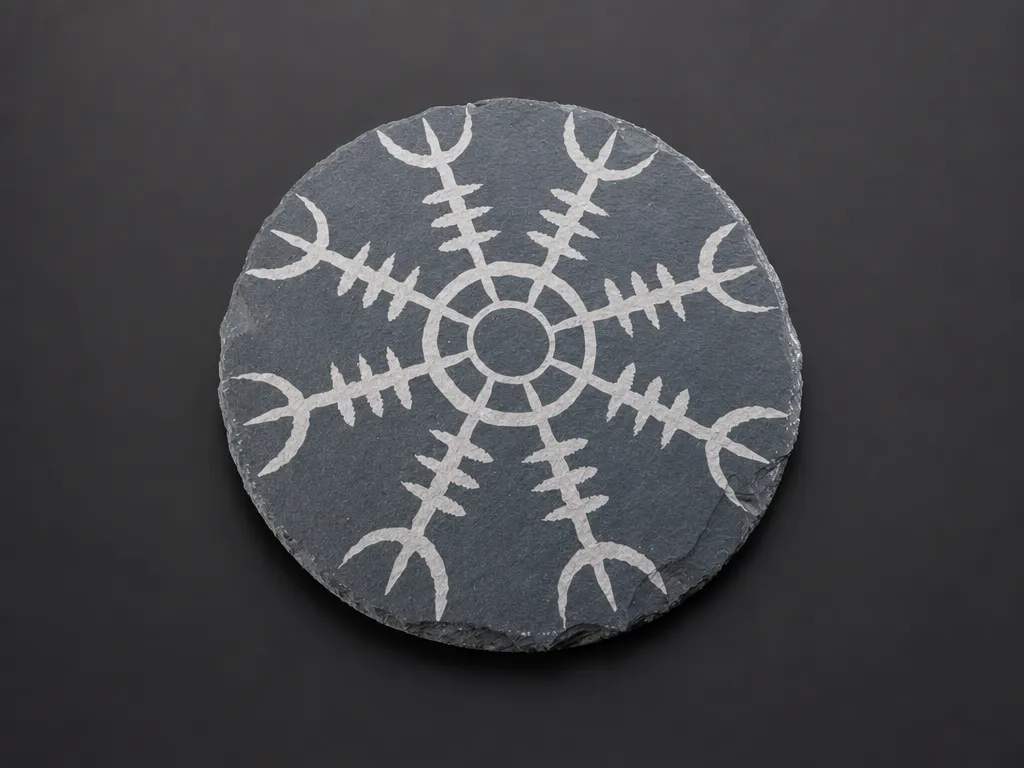 Runder Schieferuntersetzer mit Wikinger Aegishjalmur Symbol Helm of Awe