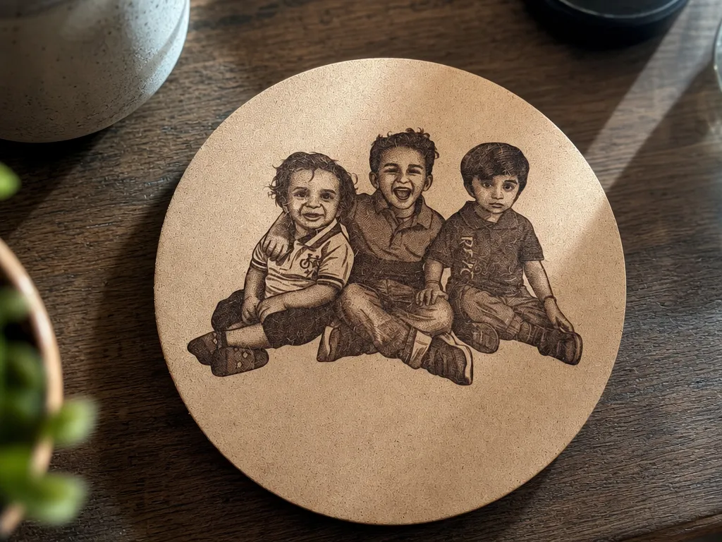 Round wooden coaster featuring a portrait of three young boys
