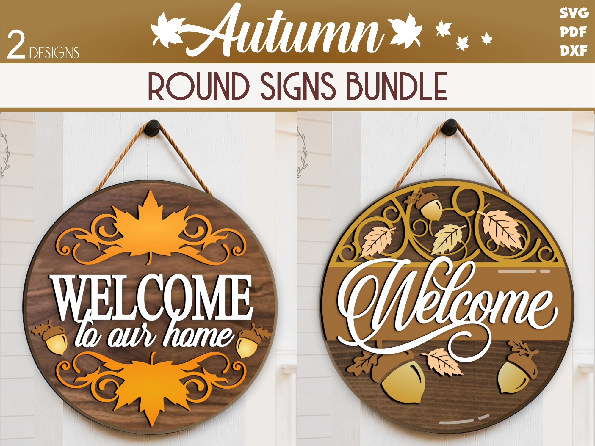 Welcome to Our Home Fall Sign SVG, Autumn Welcome Round Door Signs with Fall Leaves and Acorn, Laser Cut File for Glowforge, CNC, Xtool