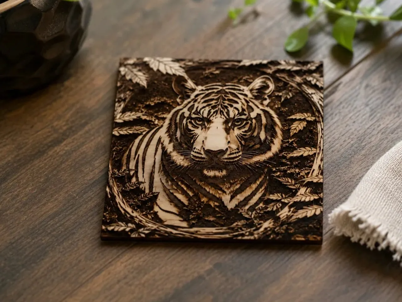 [Laser cut and engrave] Posavasos cuadrado de madera con retrato de tigre detallado