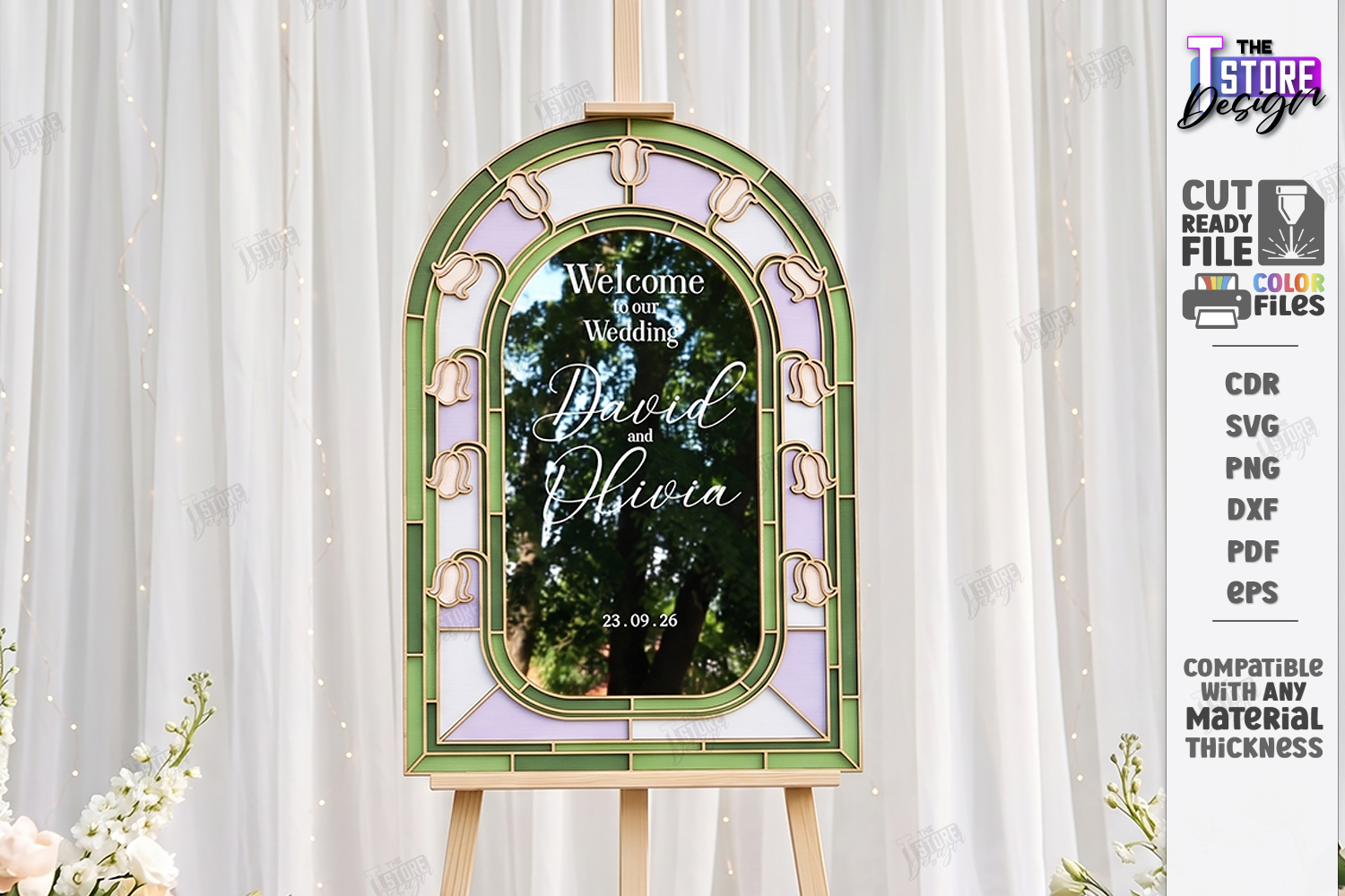[Laser cut and engrave] Arched Floral Wedding Welcome Sign with Stained Glass Style Frame laser Cut Bundle. Floral Design. Weding Day