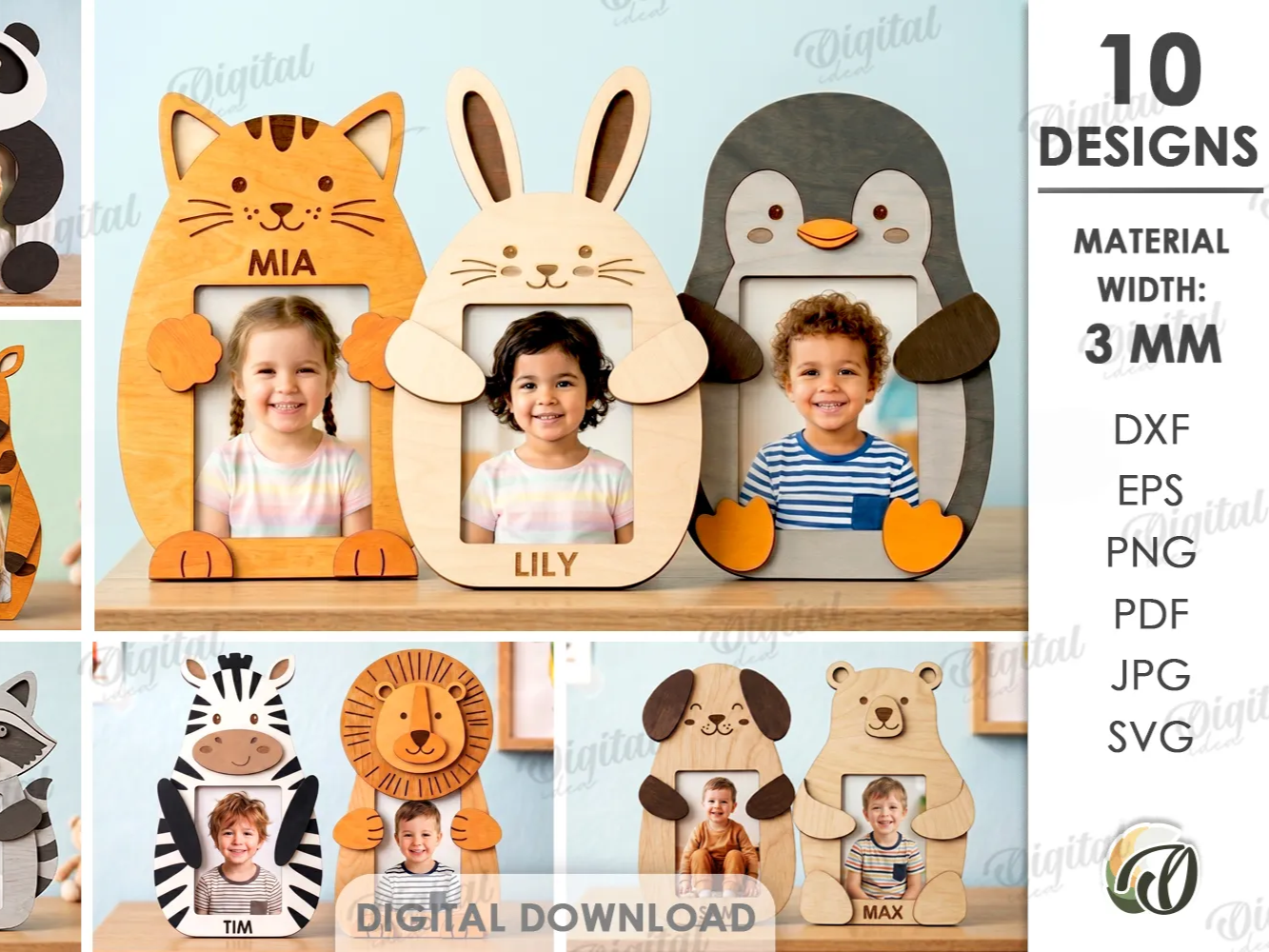 3D Hugging Animal Photo Frames Bundle. Kids Nursery Picture Frame Laser Cut File. Baby Room Decor. Cute Animals SVG. Children's