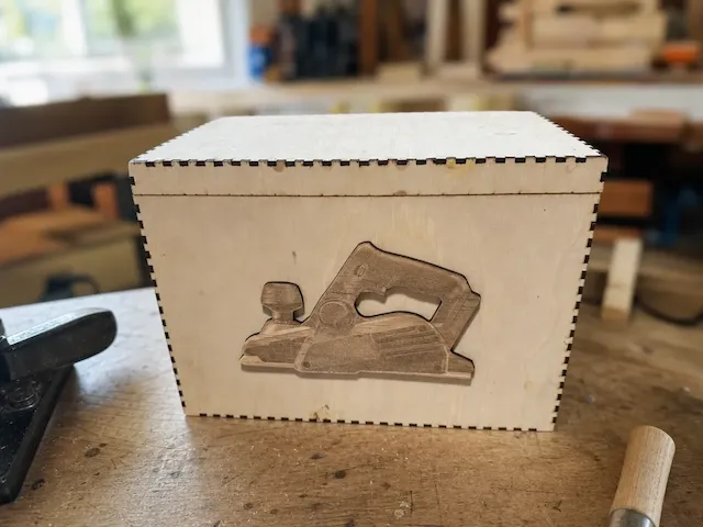 Wooden storage box with hand plane motif for Ozito 18V battery Planer