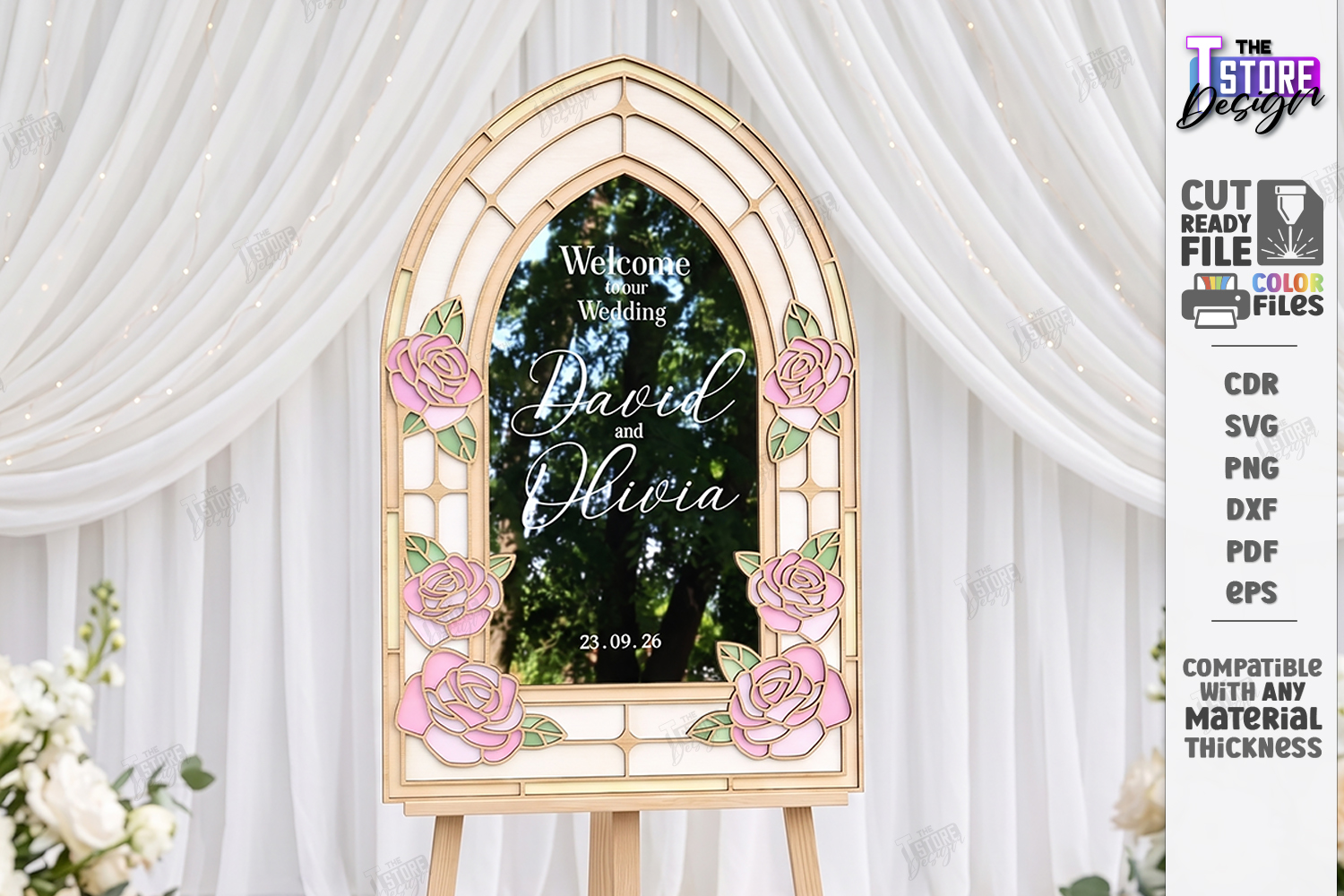 [Laser cut and engrave] Arched Floral Wedding Welcome Sign with Stained Glass Style Frame laser Cut Bundle. Floral Design. Weding Day