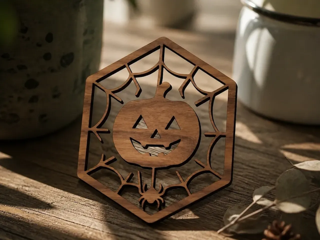 [Laser cut and engrave] Hexagonal Halloween Pumpkin and Spider Web Wall Hanging