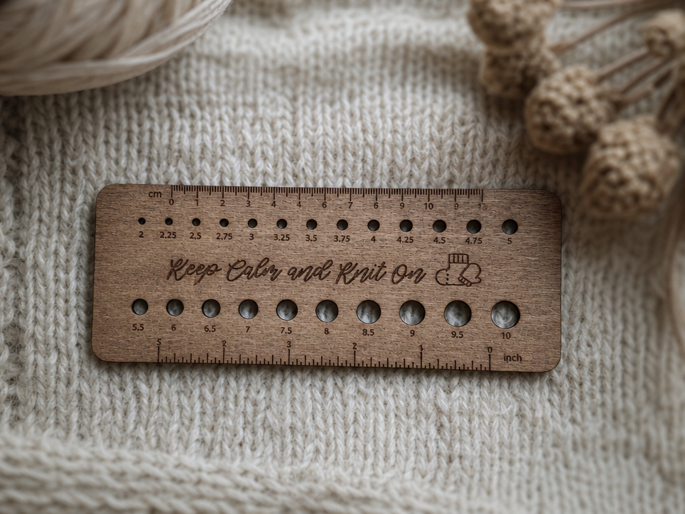 Keep Calm and Knit On Wooden Knitting Needle Gauge