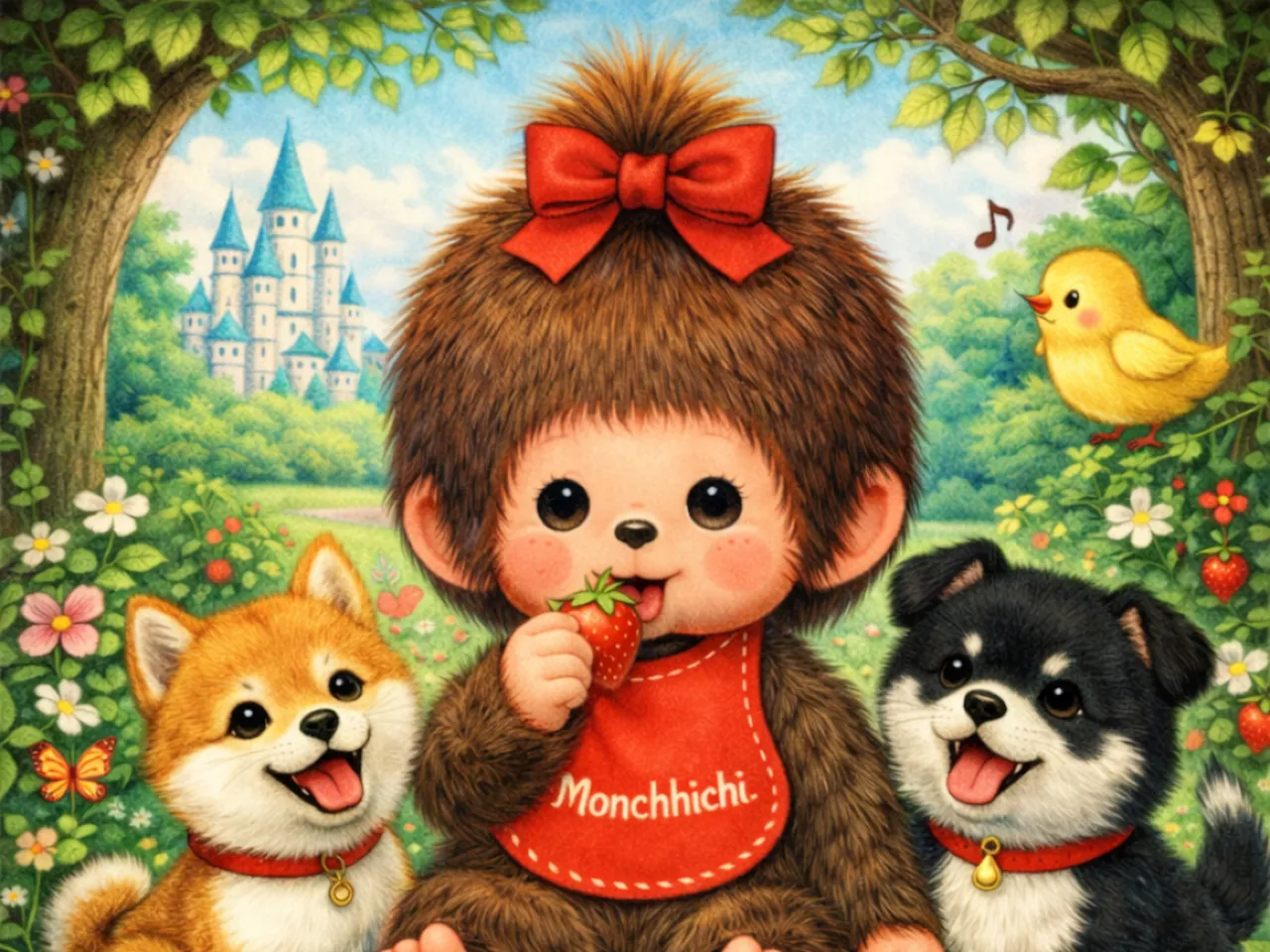 [DTF Printing,UV printing] Illustration de Monchhichi mangeant une fraise avec des chiots dans un jardin