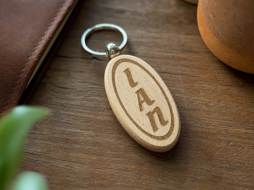 Oval Wooden Keychain with Ian Name Tag