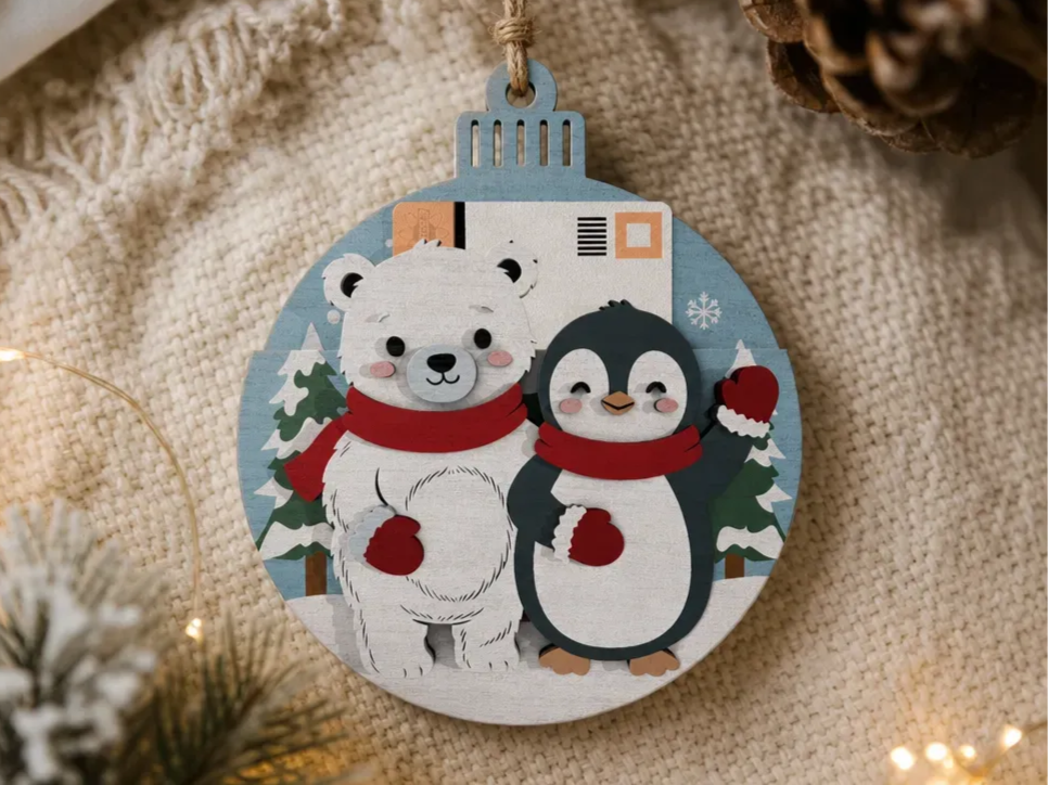 Polar Bear and Penguin Christmas Ornament with Letter