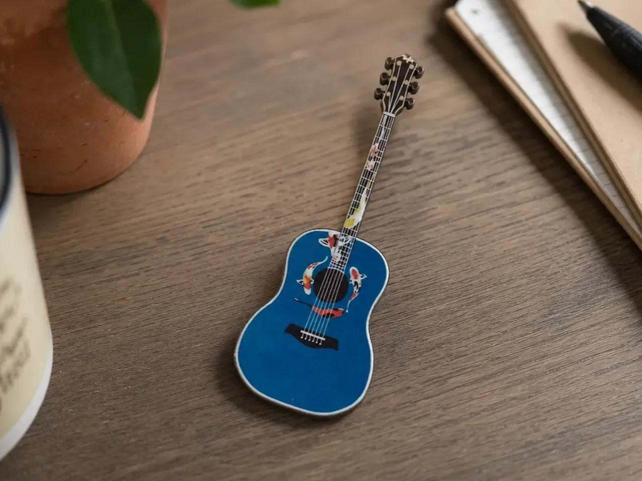 [Laser cut and engrave,Inkjet printing] Blue acoustic guitar enamel pin with koi fish motif